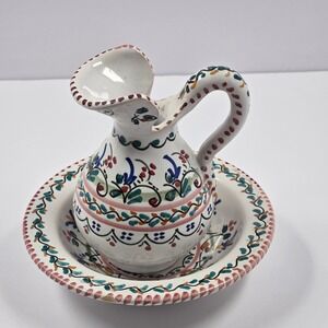 CRUZ Spain Hand Painted Ceramic Pitcher and Bowl Set Floral Pottery White Multi